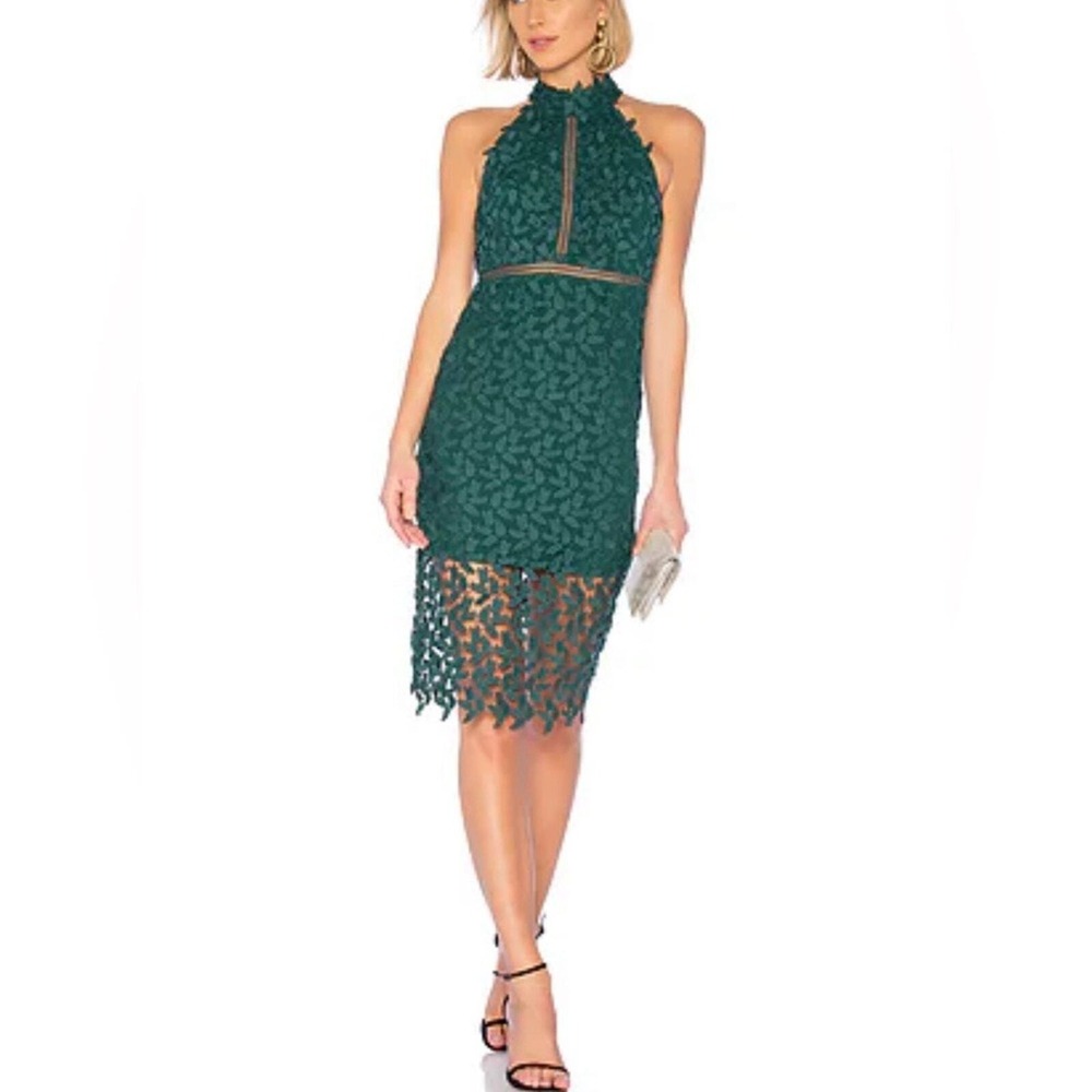 Bardot Dark Green Leaf Lace Halter Midi‎ Dress Open Back Cocktail Event Sz 6